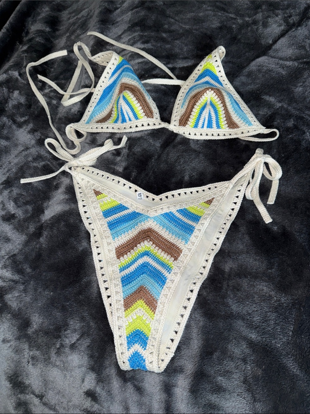 aerie Crochet Triangle Bikini - Blue, Brown, Lime & White